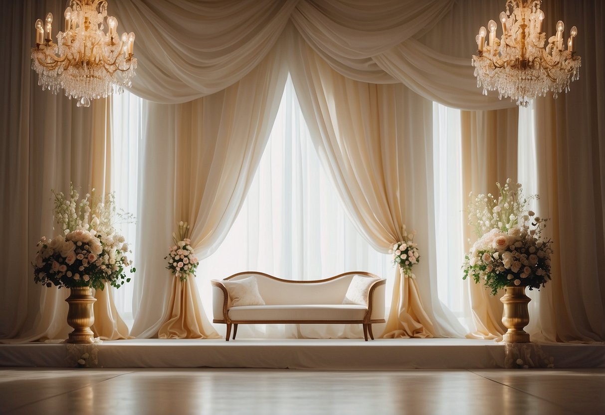 A white draped backdrop adorned with gold accents sets the stage for an elegant wedding ceremony