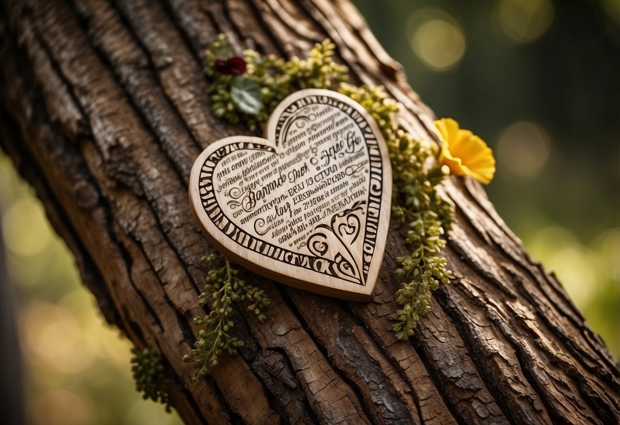 A couple's names carved into a tree trunk with a heart around it, surrounded by musical notes and instruments, symbolizing their personalized song for their 9th wedding anniversary