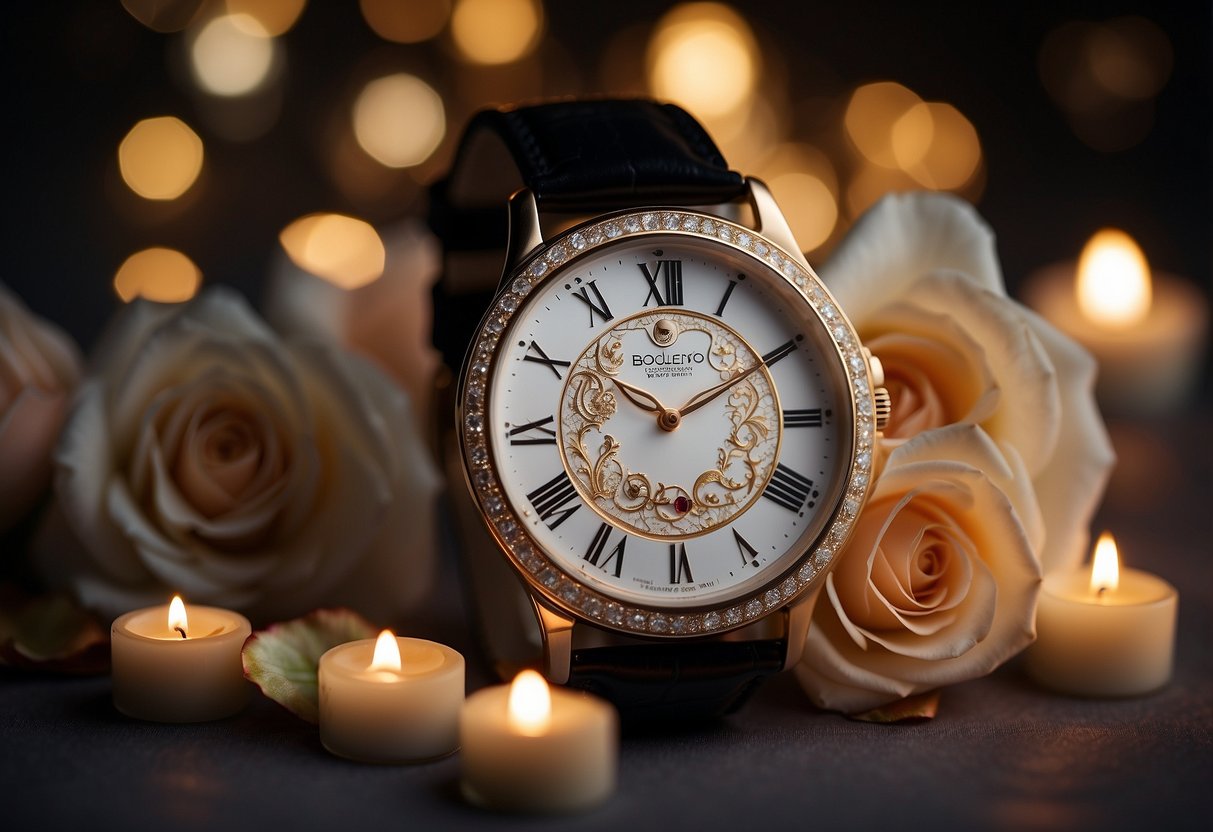 A beautifully wrapped luxury watch sits on a velvet cushion, surrounded by delicate rose petals and flickering candlelight