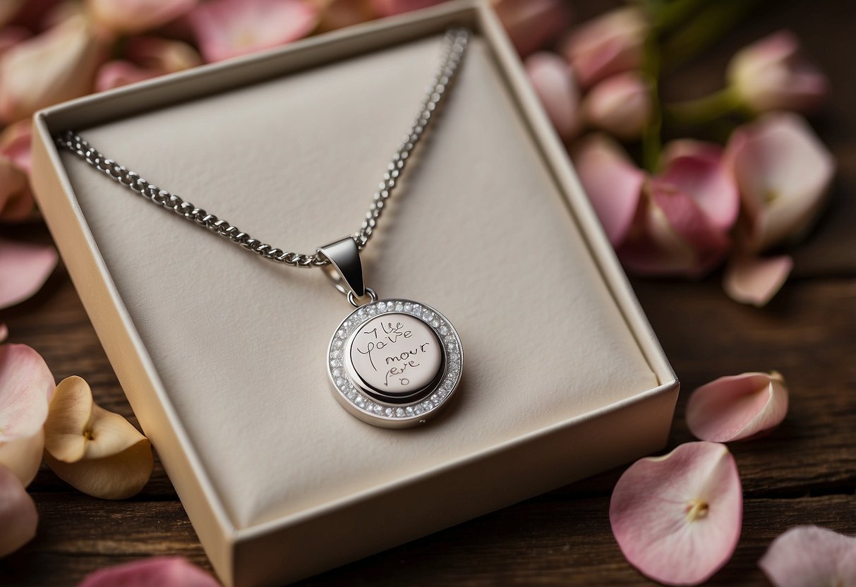 A custom-engraved necklace and matching cufflinks sit on a wooden jewelry display, surrounded by rose petals and a handwritten love note