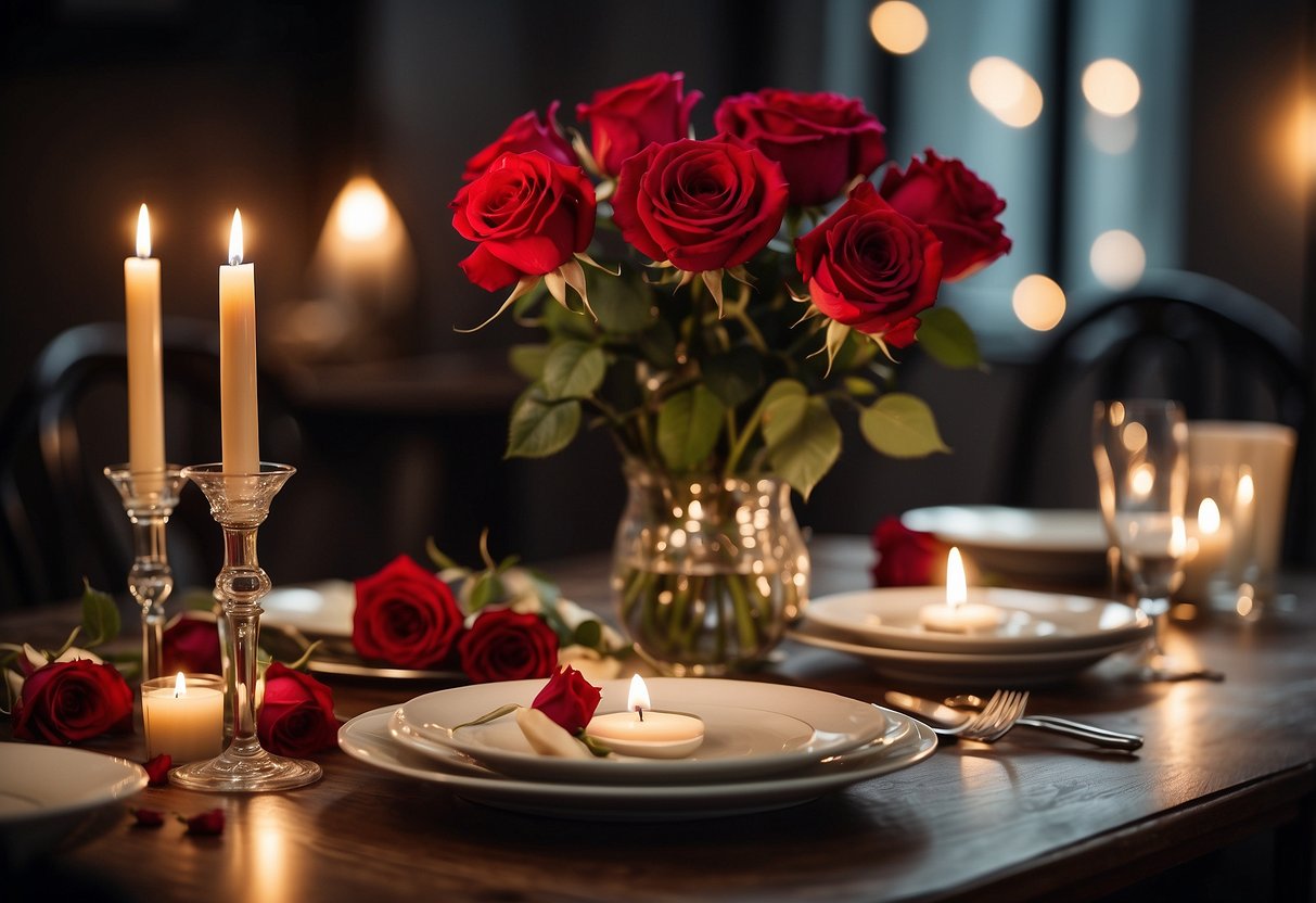 A table set for a romantic dinner with 9 candles, 9 roses, and a 9th anniversary gift. A couple's photo and a handwritten love note are also displayed