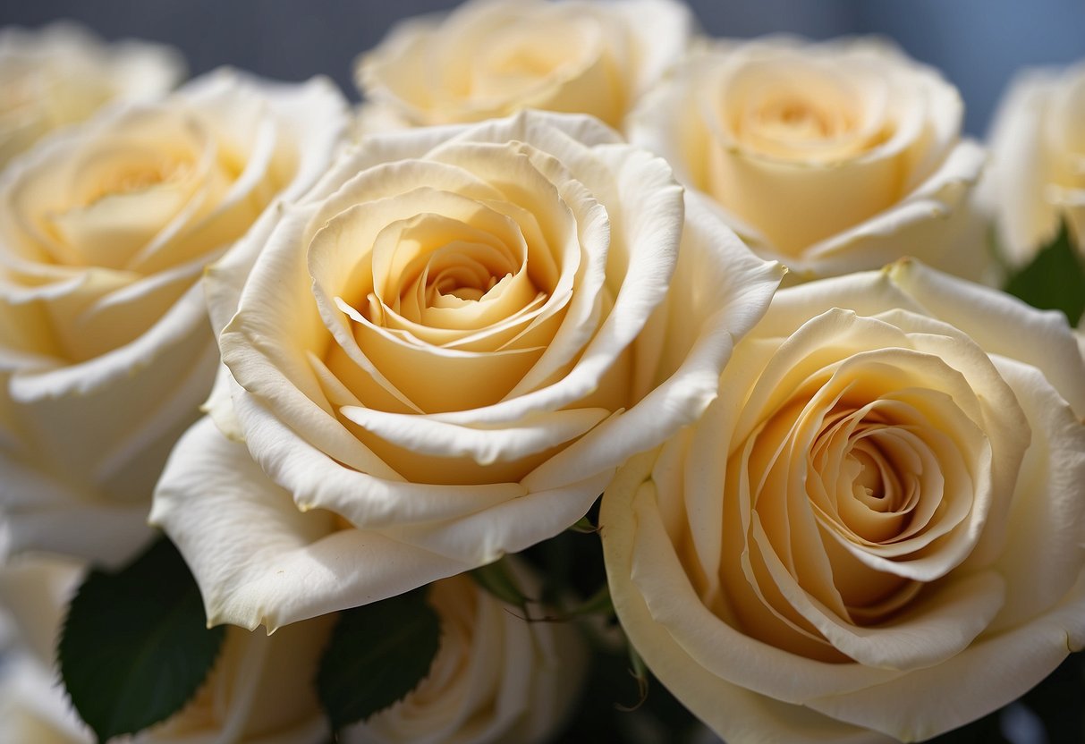 White roses arranged in gold and white centerpieces for a wedding