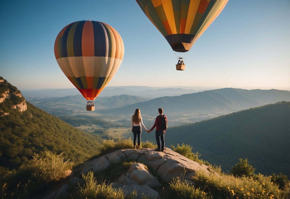 A couple stands on a mountaintop, surrounded by lush greenery and a clear blue sky. A hot air balloon floats in the distance, symbolizing adventure and freedom