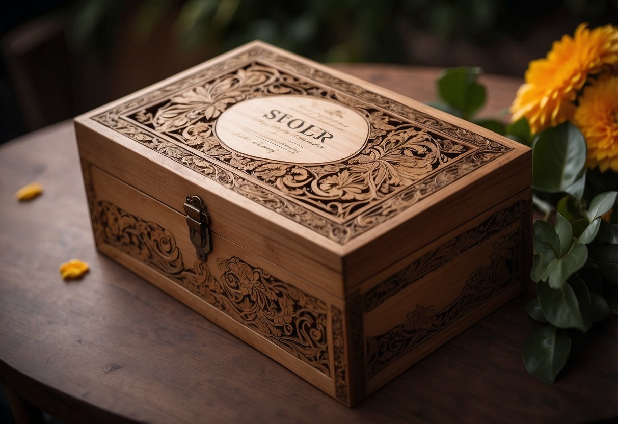 A wooden wine box with intricate engravings, adorned with elegant floral designs and the couple's names, sits on a table, ready to be presented as a thoughtful wedding anniversary gift