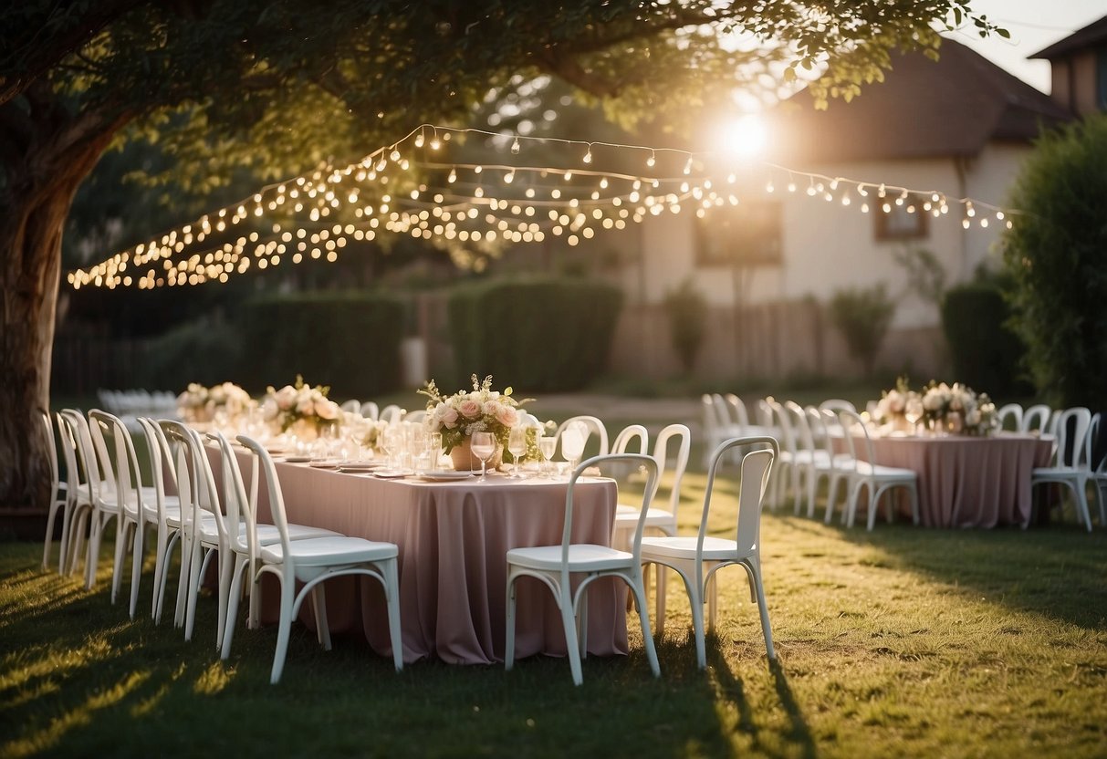 A sunny backyard with white chairs arranged in rows facing a flower-adorned arch. Strings of fairy lights hang overhead, and a small table displays a wedding cake and champagne flutes