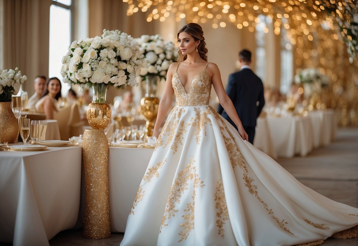 A golden and white wedding theme with elegant bridal and groom attire