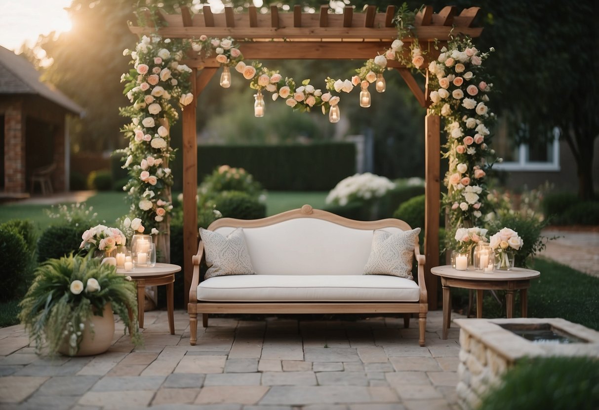 A serene backyard set-up with elegant seating, floral arrangements, and ambient lighting for a picturesque wedding celebration