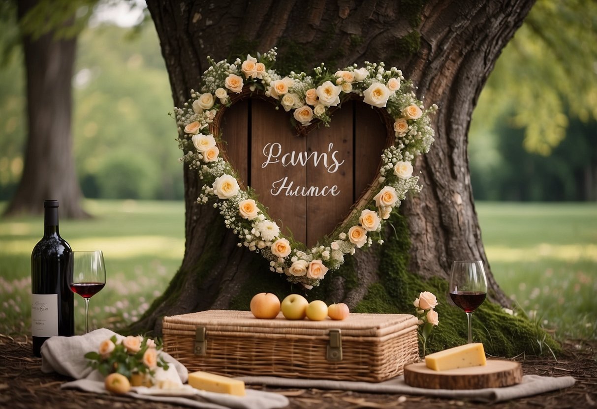 A couple's initials carved into a tree trunk, surrounded by blooming flowers and a heart-shaped wreath. A picnic basket with wine and cheese sits nearby