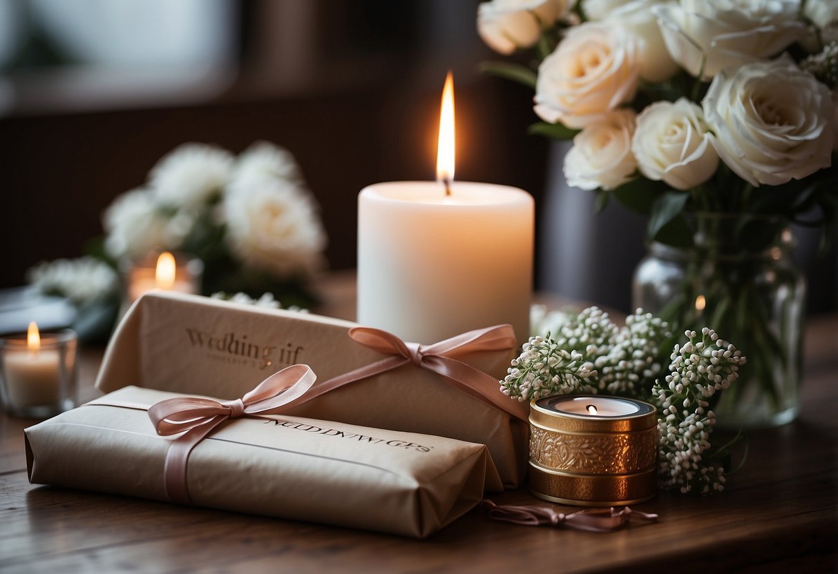 A beautifully wrapped gift sits on a table surrounded by flowers and candles, with a sign reading "Wedding Gift Tips" nearby