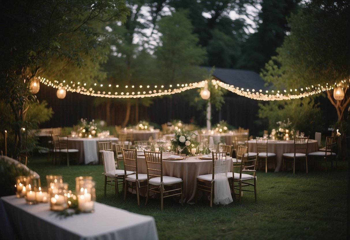 A backyard wedding setup with personalized favors, surrounded by twinkling lights and lush greenery