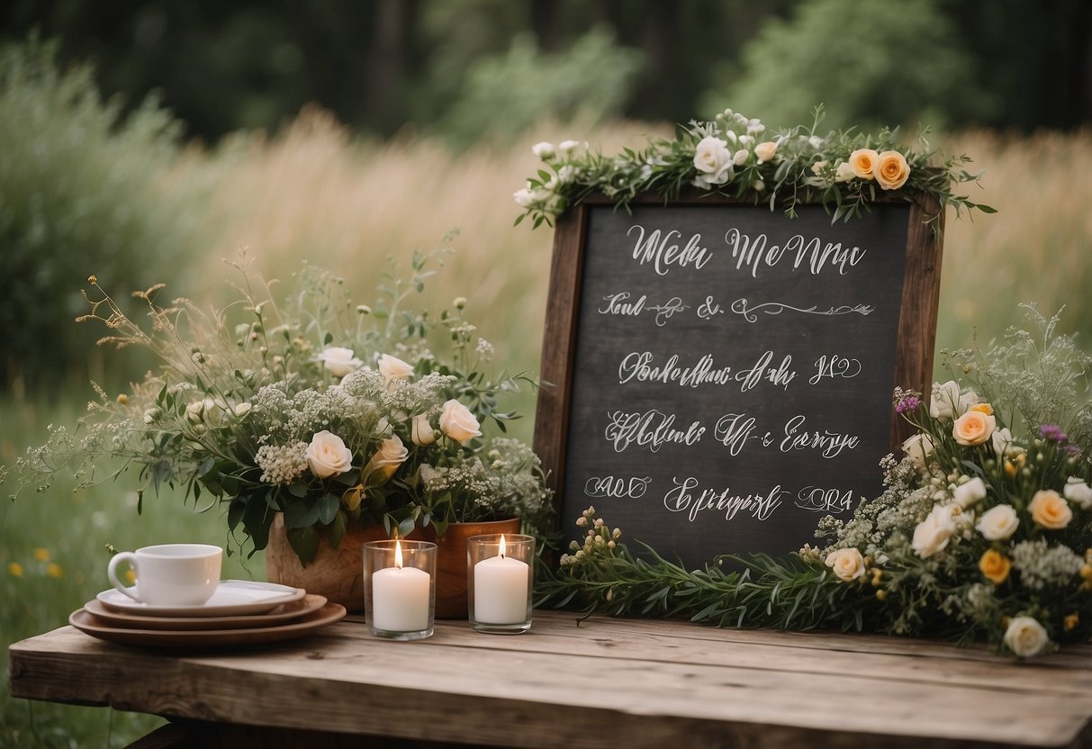 A quaint wooden sign with "Rustic Charm Wedding Menu" painted in elegant script, surrounded by wildflowers and greenery