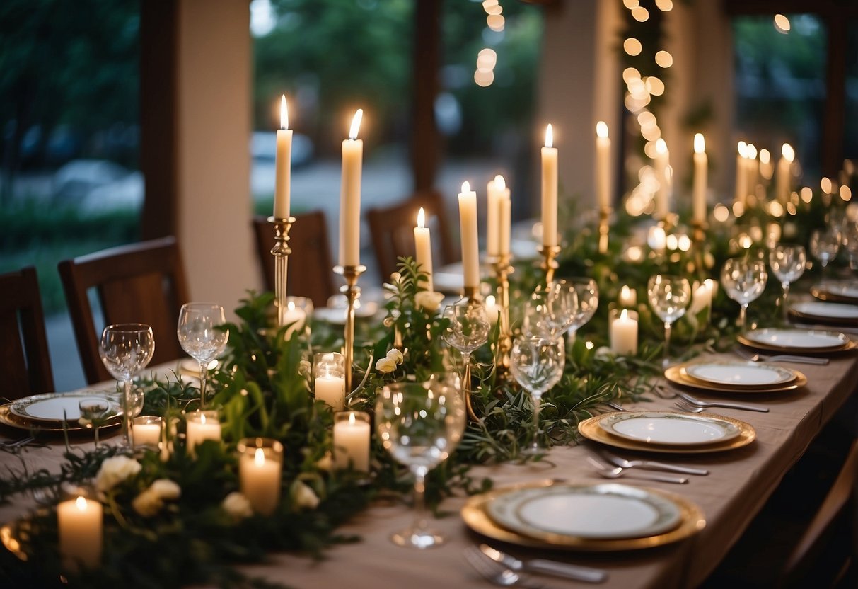 A beautifully decorated table with floral centerpieces and elegant place settings, surrounded by lush greenery and twinkling fairy lights