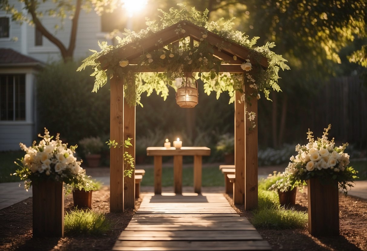 A serene backyard setting with a rustic wooden altar adorned with flowers. Soft sunlight filters through the trees, casting a warm glow on the intimate ceremony space