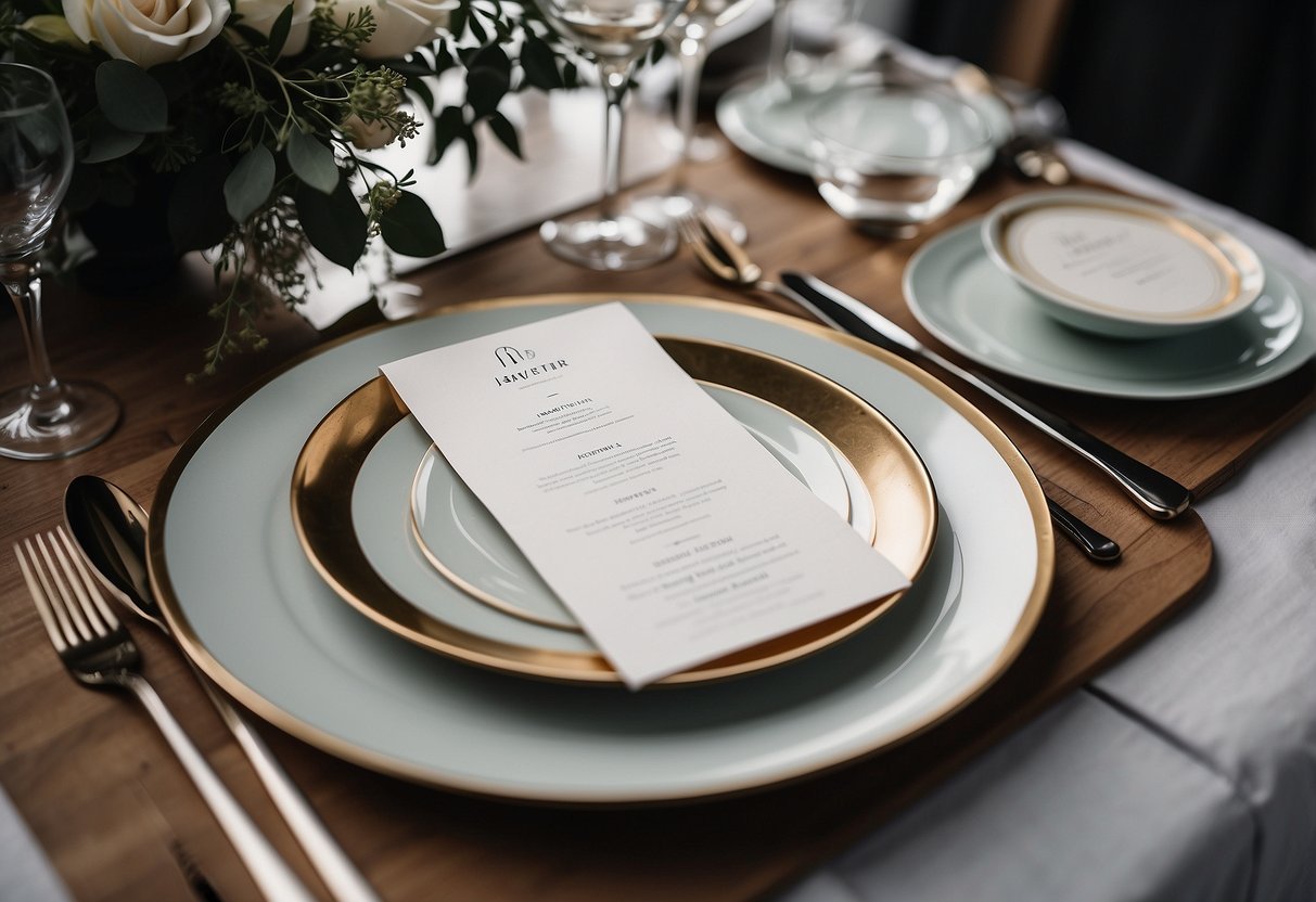 A sleek, minimalist wedding menu design with elegant typography and geometric accents