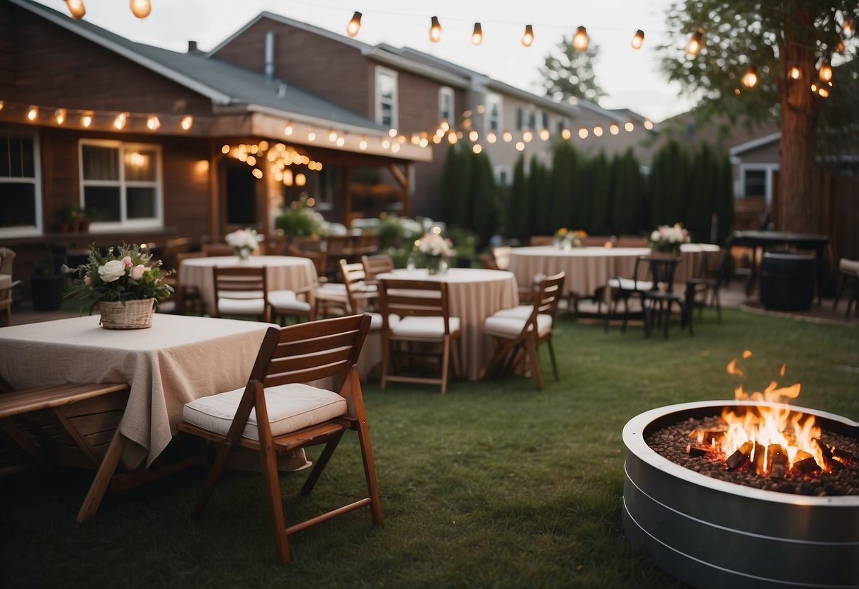 A cozy backyard wedding scene with outdoor heating arrangements, including fire pits, patio heaters, and warm blankets for guests