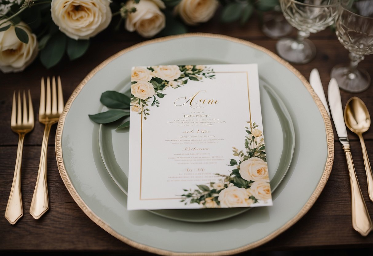 A vintage-inspired wedding menu with elegant script font and delicate floral accents