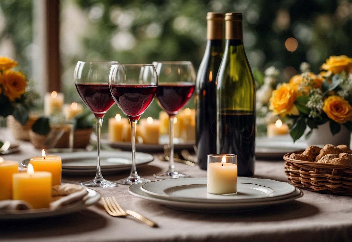 A table set with a variety of wine bottles, elegant glasses, and a monthly subscription gift card. A wedding invitation and decorative flowers complete the scene