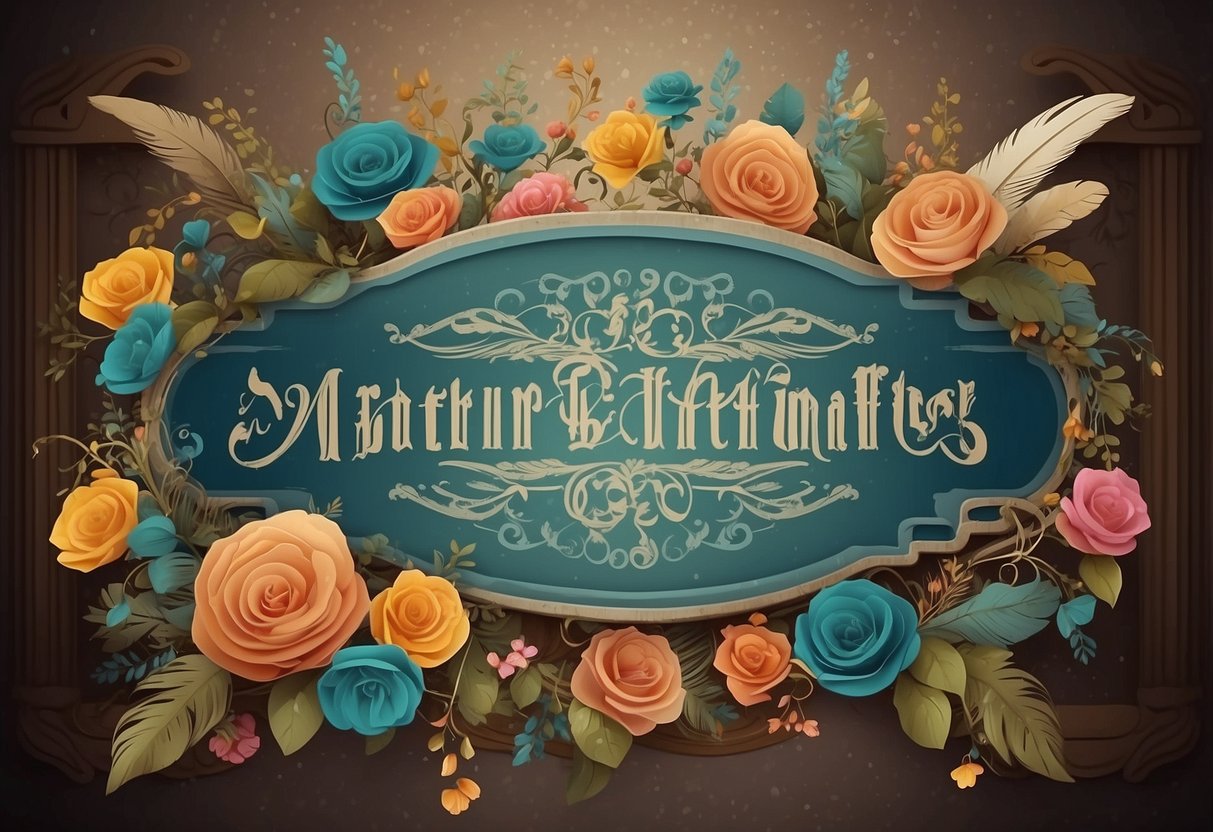 A colorful, whimsical sign with flowing script and floral accents, surrounded by vintage-inspired elements like lace, feathers, and old-fashioned fonts