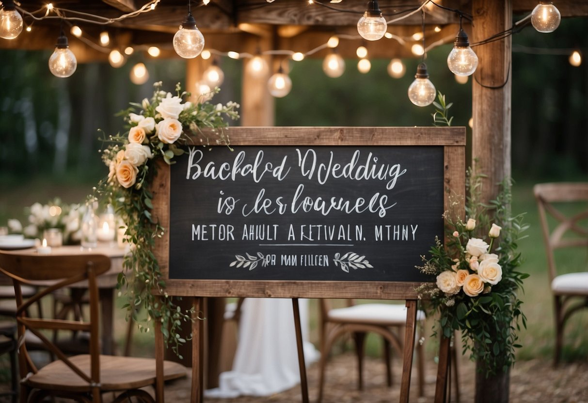 A rustic wooden sign with "Backyard Wedding Tips" in calligraphy, surrounded by string lights and floral arrangements