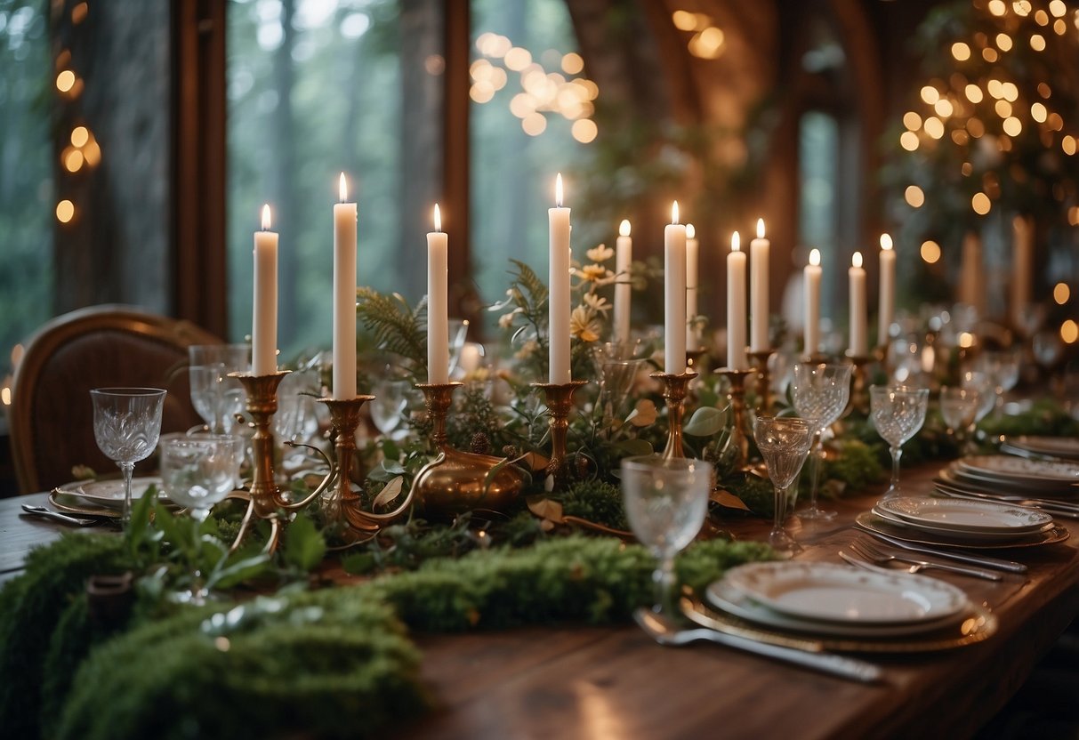 A grand banquet table adorned with ornate dishes and sparkling glassware, surrounded by enchanted forest and magical creatures