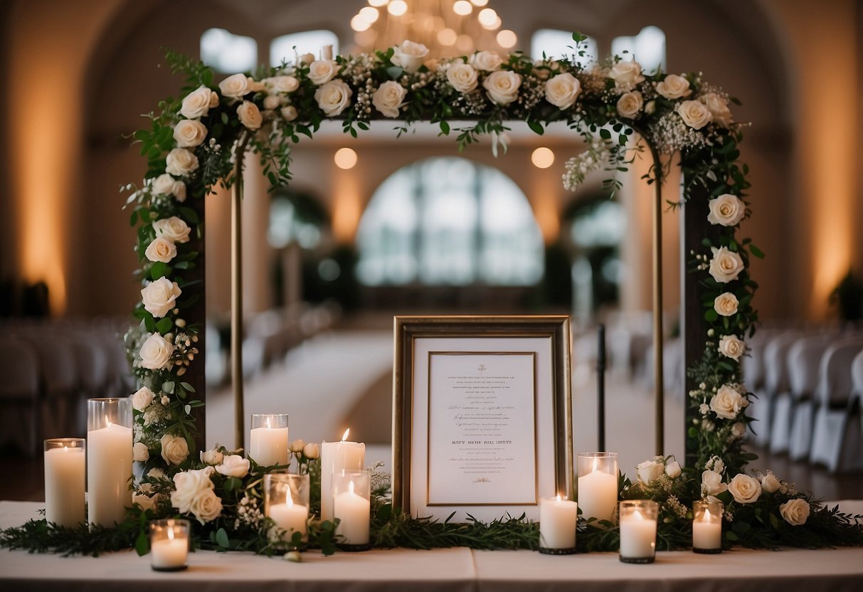 A beautifully decorated wedding altar with two sets of personalized vows framed and displayed as a gift