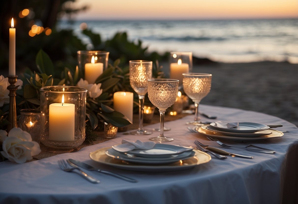 A beachside table with elegant place settings, surrounded by soft candlelight and the sound of crashing waves