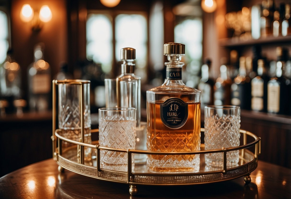 A vintage-inspired bar cart sits adorned with crystal decanters, cocktail shakers, and elegant glassware. A bottle of aged whiskey and a set of monogrammed coasters complete the wedding gift display