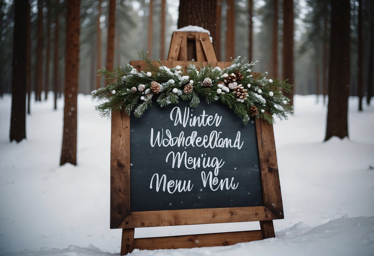 A snowy forest setting with a rustic wooden sign reading "Winter Wonderland Wedding Menu" surrounded by pine trees and twinkling lights