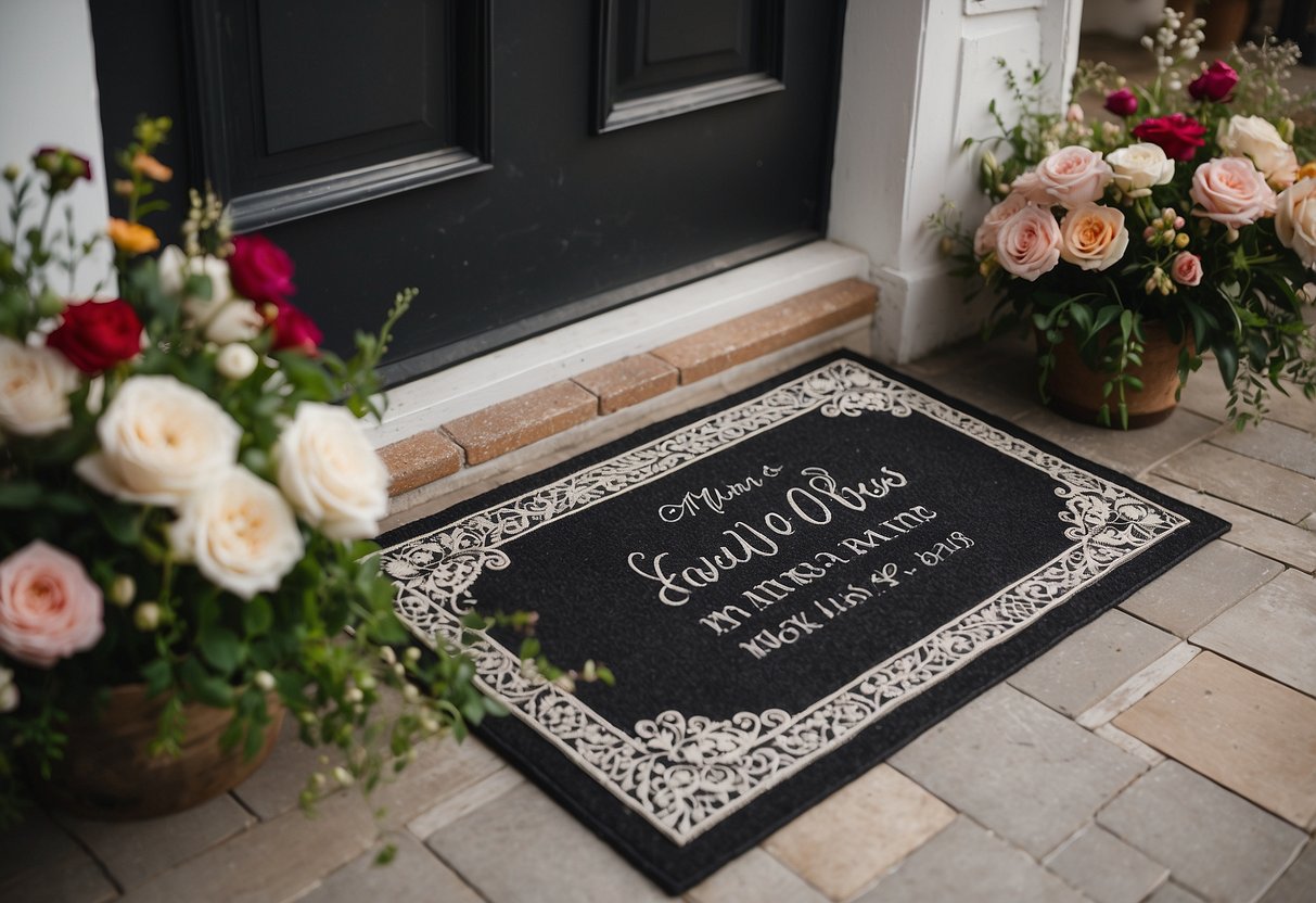 A custom doormat with "Mr. & Mrs." and wedding date, surrounded by flowers and hearts