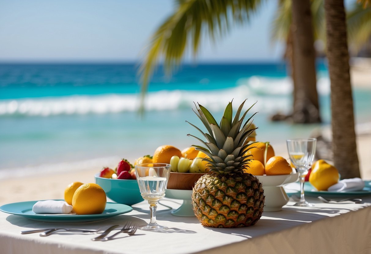 A vibrant beach setting with palm trees, white sand, and crystal-clear blue water, with a colorful tropical fruit display and elegant table settings