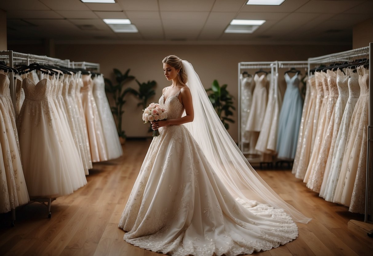 A woman stands in a bridal shop, surrounded by racks of wedding dresses. She holds a calendar, pondering how long before her wedding she should make the purchase