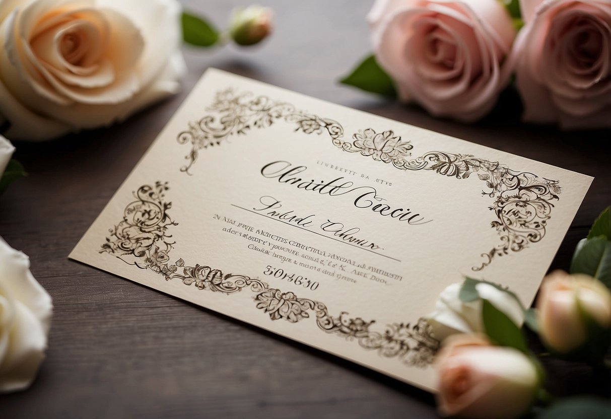 A couple receiving a beautifully designed gift certificate with wedding-themed illustrations and elegant calligraphy