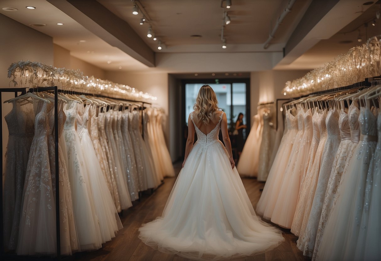 A bride browsing through racks of wedding dresses in a boutique, surrounded by various styles and designs