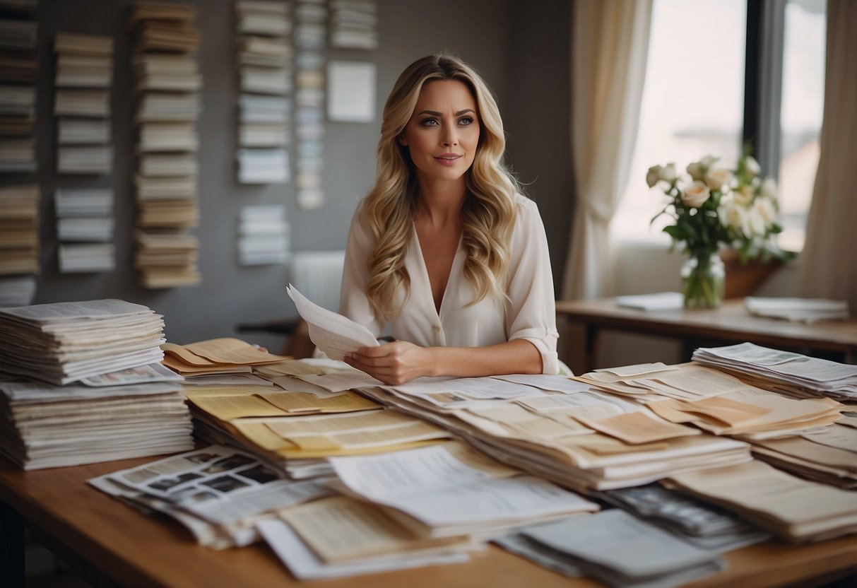 A woman sits at a desk, surrounded by fabric swatches and bridal magazines. She carefully calculates her budget before making a decision on when to purchase her wedding dress