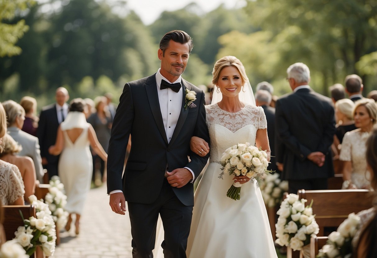 A figure escorts the divorced mother of the bride down the aisle