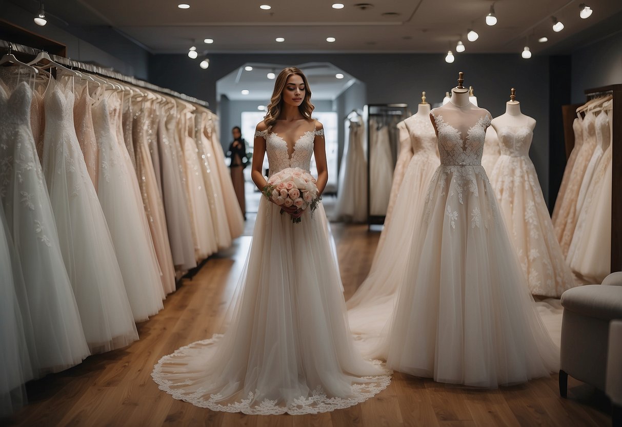 A bride-to-be stands in a bustling bridal boutique, surrounded by racks of elegant wedding dresses. She carefully examines the intricate lace and flowing tulle, envisioning herself walking down the aisle in each one