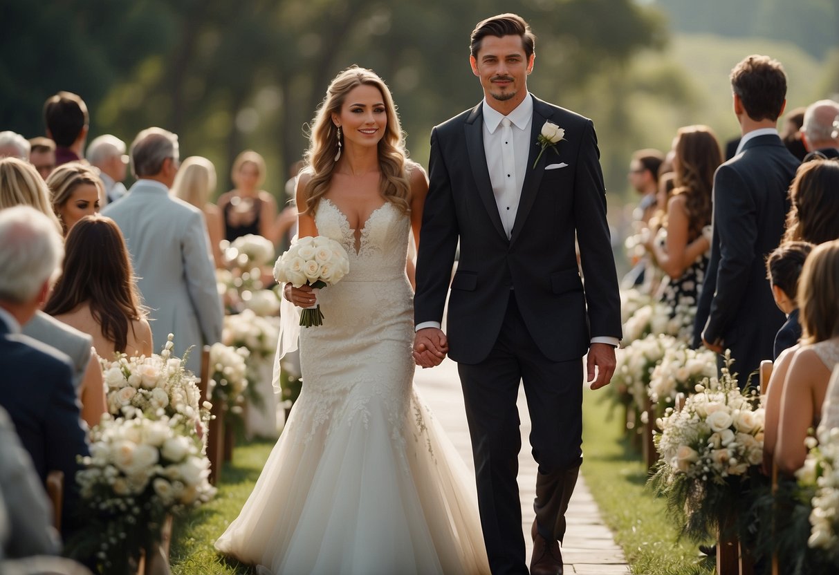 A man escorts a woman down the aisle at a wedding