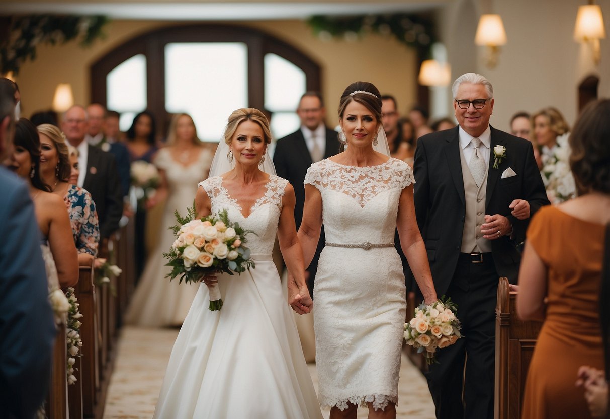 The Bride's Mother leads the divorced mother of the bride down the aisle