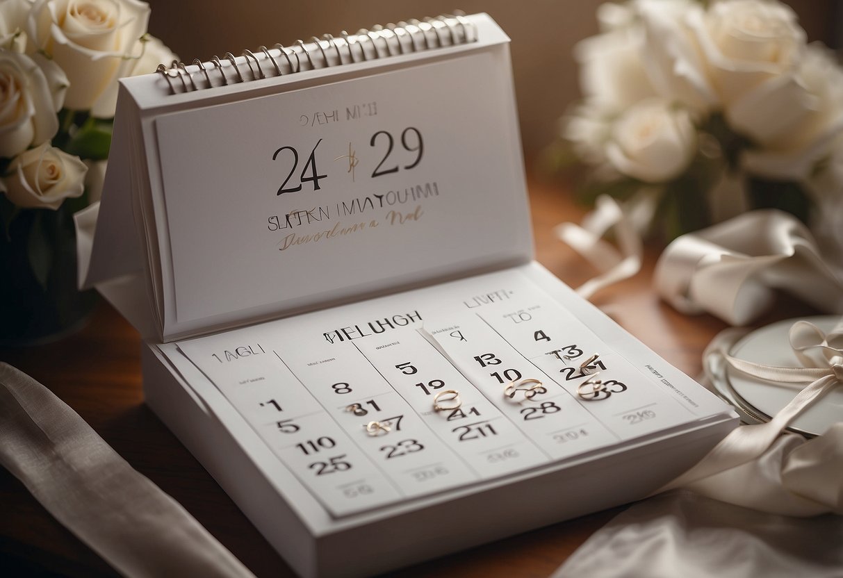 A calendar with wedding date circled, surrounded by a wedding dress being delivered, with a countdown of days to the wedding