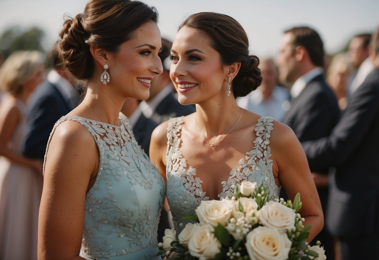 A close friend supports the mother of the bride down the aisle