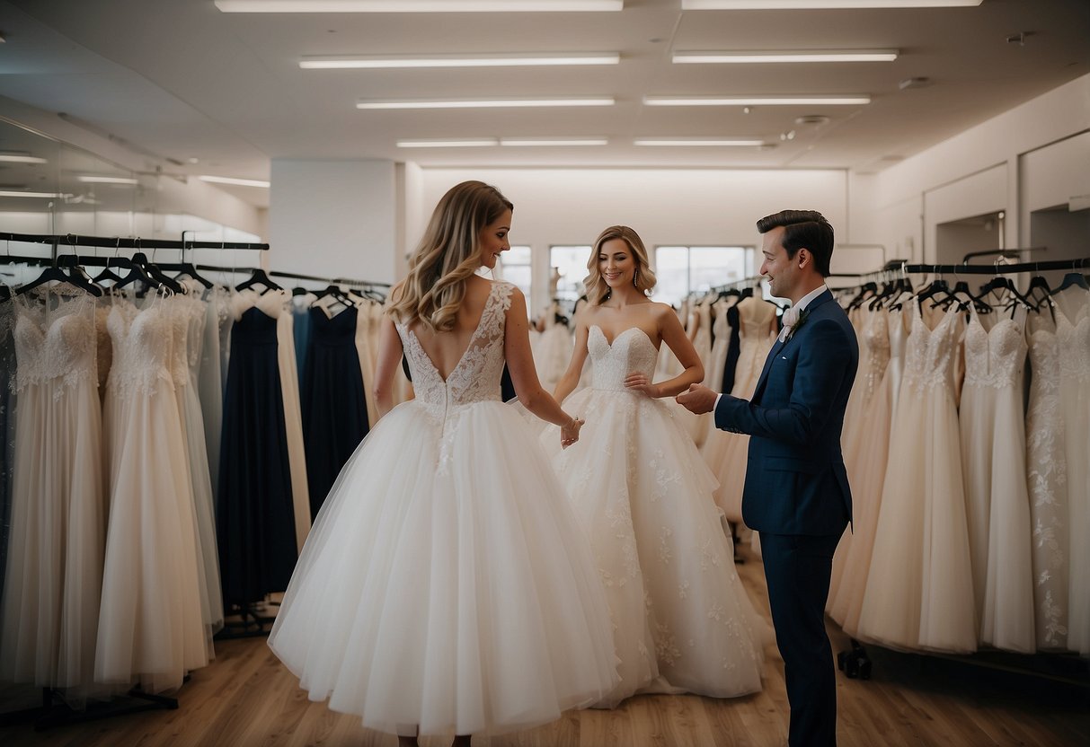 A woman tries on wedding dresses in a boutique, surrounded by racks of gowns. Signs indicate alteration periods for dresses, advising when to purchase before the wedding