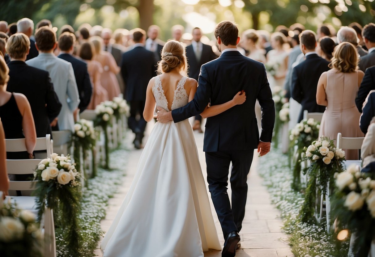 A figure guides another down the aisle, a gesture of support and love in a significant moment