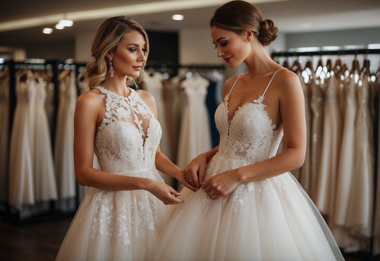 A bride-to-be browsing wedding dresses in a chic boutique, surrounded by racks of gowns in various styles and lengths. She holds a lace-trimmed gown against her frame, envisioning her upcoming nuptials