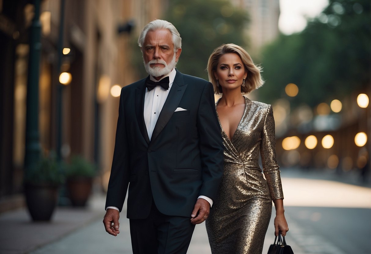 An older man escorts a woman in a formal setting