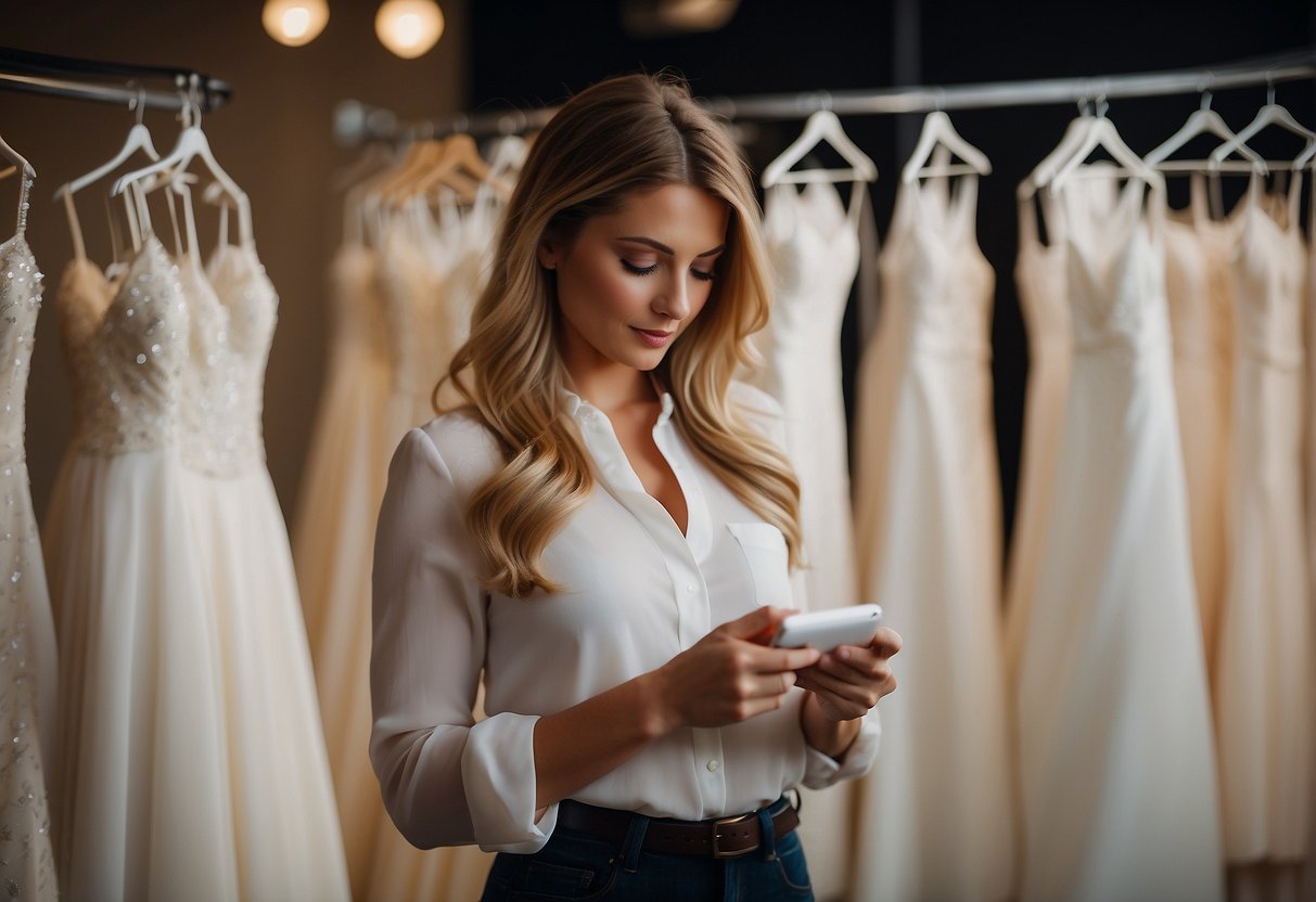 A woman browsing wedding dresses on sale, pondering how soon to buy before her wedding