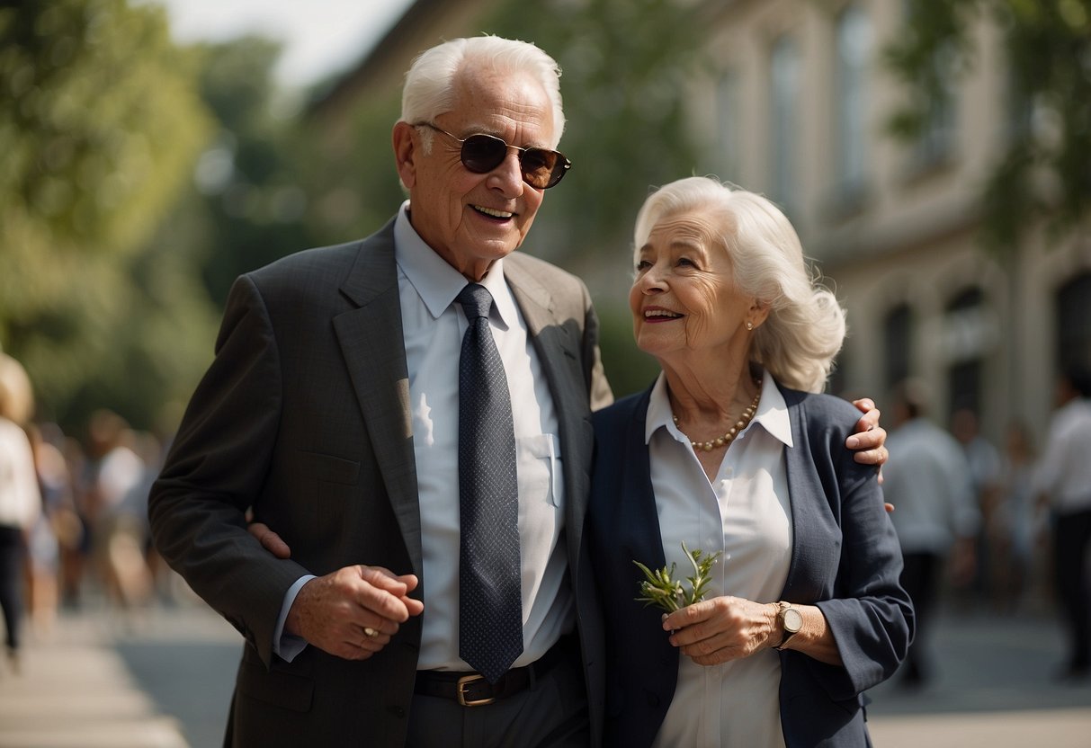 An elderly figure escorts a woman in a formal setting