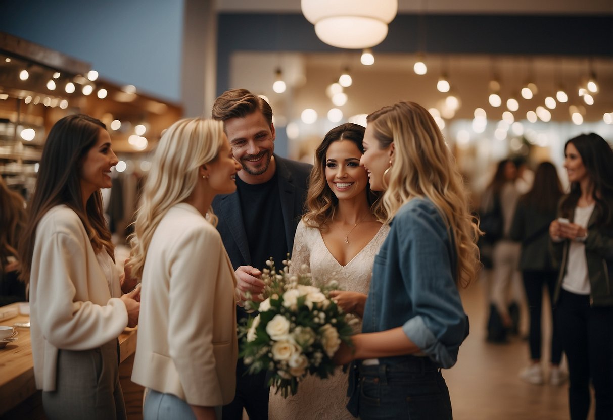 A group of friends discussing wedding dress shopping in a cozy shop setting