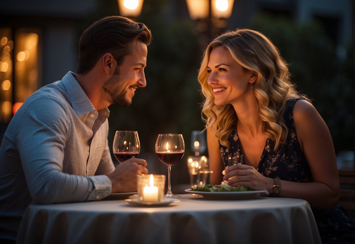 A couple sits at a candlelit table, deep in conversation. Empty plates and wine glasses suggest a long, enjoyable dinner