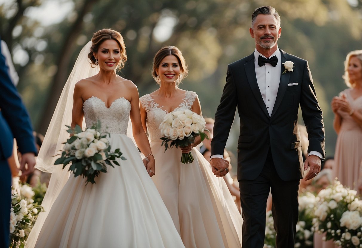 A stepparent escorts the divorced mother of the bride down the aisle