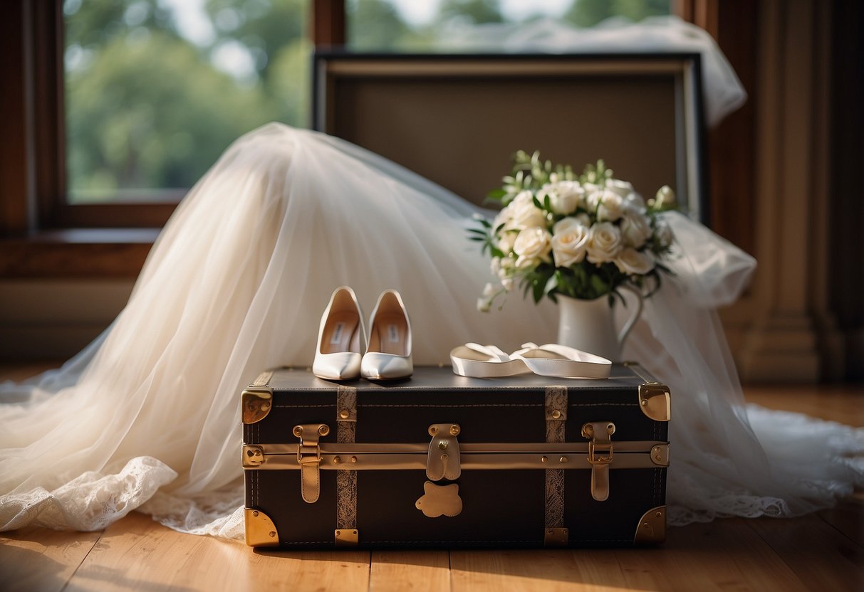 A bridal trunk with wedding dress, veil, and shoes. Calendar showing months before wedding. Excitement and anticipation in the air